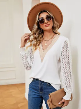 Coralie V-Neck Lace Patchwork Hollow Long-Sleeved Loose Top T-Shirt