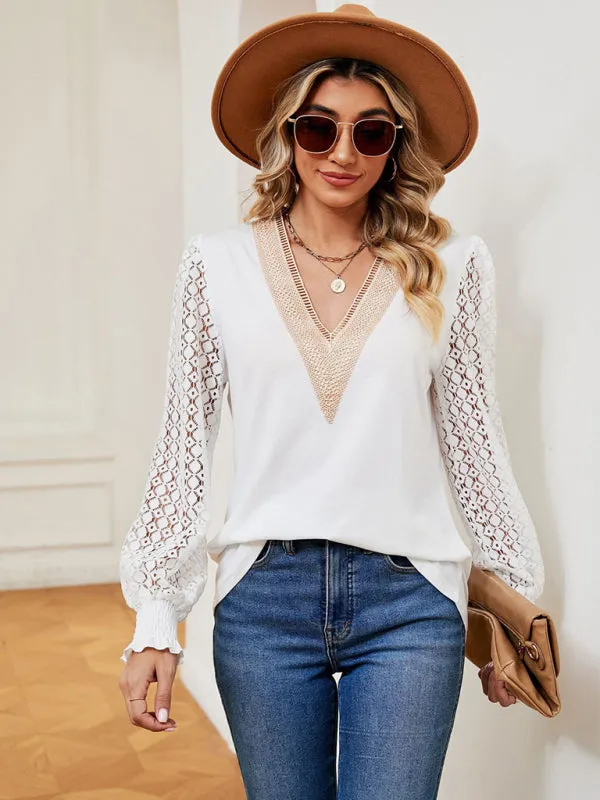 Coralie V-Neck Lace Patchwork Hollow Long-Sleeved Loose Top T-Shirt