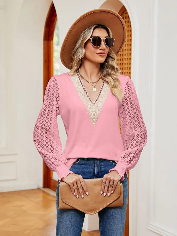Coralie V-Neck Lace Patchwork Hollow Long-Sleeved Loose Top T-Shirt