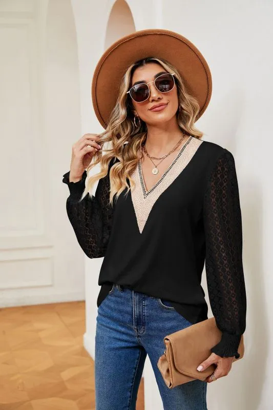 Coralie V-Neck Lace Patchwork Hollow Long-Sleeved Loose Top T-Shirt