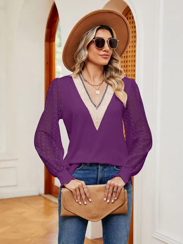 Coralie V-Neck Lace Patchwork Hollow Long-Sleeved Loose Top T-Shirt