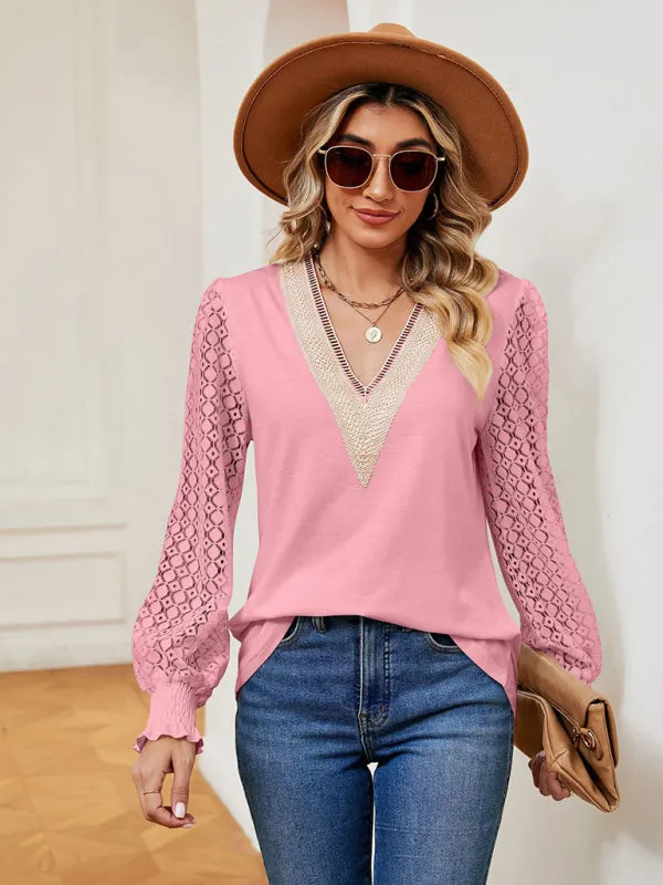 Coralie V-Neck Lace Patchwork Hollow Long-Sleeved Loose Top T-Shirt