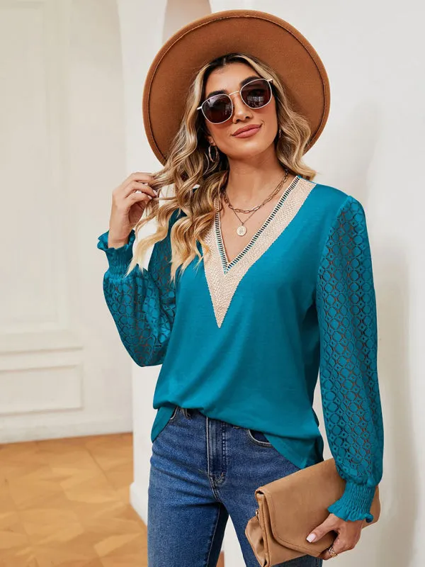 Coralie V-Neck Lace Patchwork Hollow Long-Sleeved Loose Top T-Shirt