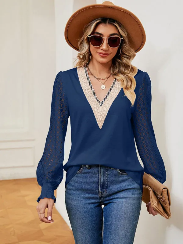Coralie V-Neck Lace Patchwork Hollow Long-Sleeved Loose Top T-Shirt