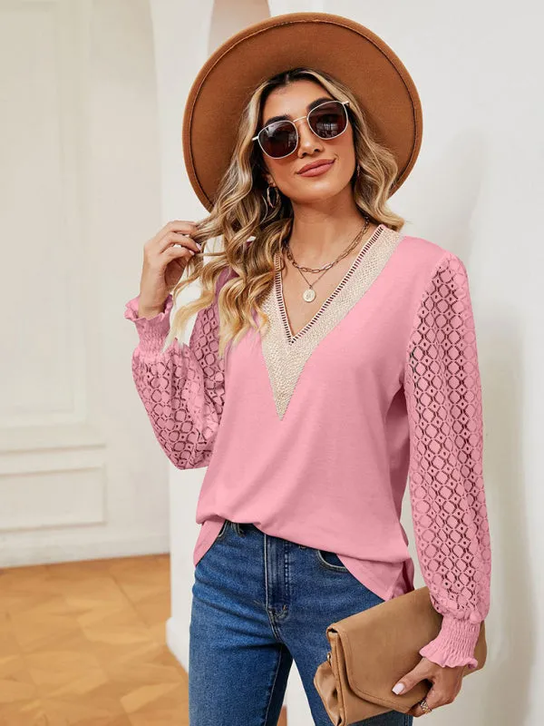 Coralie V-Neck Lace Patchwork Hollow Long-Sleeved Loose Top T-Shirt