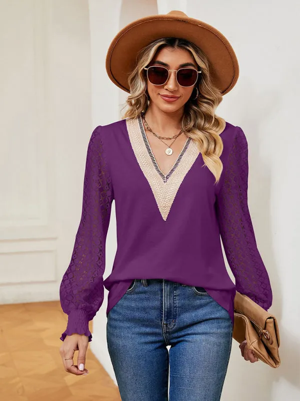 Coralie V-Neck Lace Patchwork Hollow Long-Sleeved Loose Top T-Shirt
