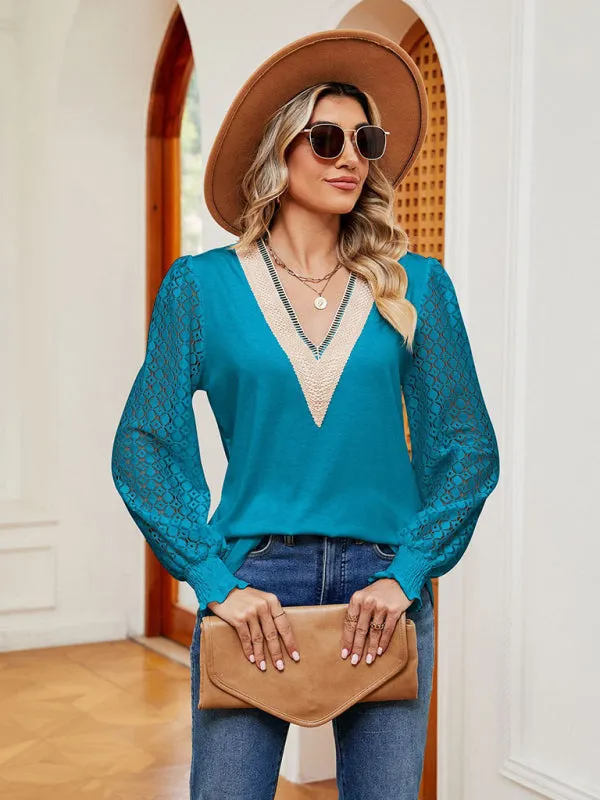 Coralie V-Neck Lace Patchwork Hollow Long-Sleeved Loose Top T-Shirt
