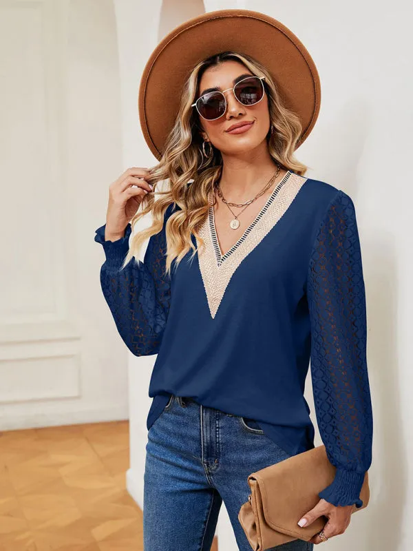 Coralie V-Neck Lace Patchwork Hollow Long-Sleeved Loose Top T-Shirt