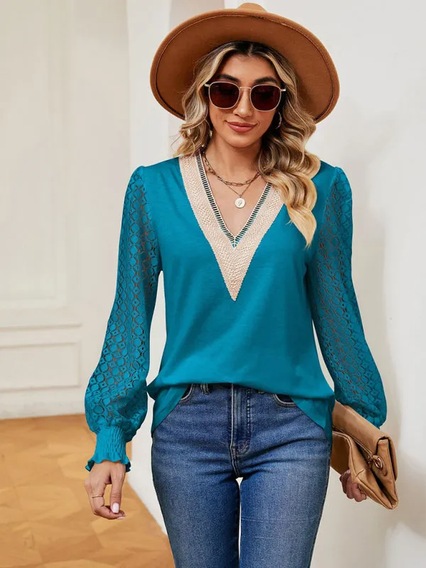 Coralie V-Neck Lace Patchwork Hollow Long-Sleeved Loose Top T-Shirt
