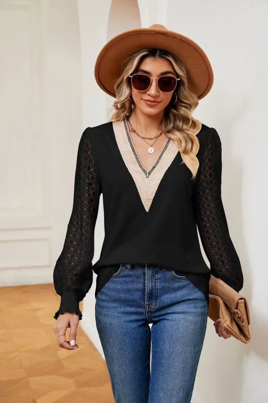 Coralie V-Neck Lace Patchwork Hollow Long-Sleeved Loose Top T-Shirt