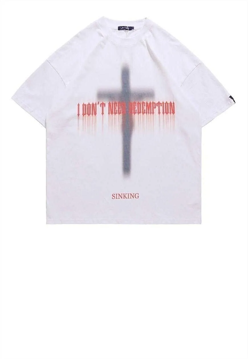 Cross print t-shirt punk tee Gothic slogan top in black