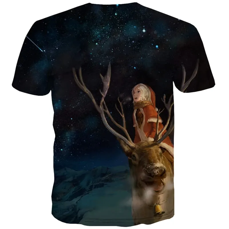 Deer T-shirt Men Animal Tshirts Novelty Christmas Tshirt Printed Galaxy T shirts Funny Meteor Shower T-shirts Graphic