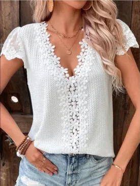 Delaney Lace Waffle Solid Color V-Neck Short-Sleeved Casual T-Shirt