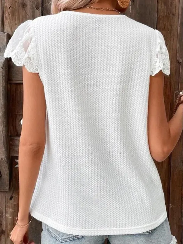 Delaney Lace Waffle Solid Color V-Neck Short-Sleeved Casual T-Shirt