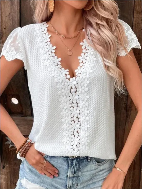 Delaney Lace Waffle Solid Color V-Neck Short-Sleeved Casual T-Shirt