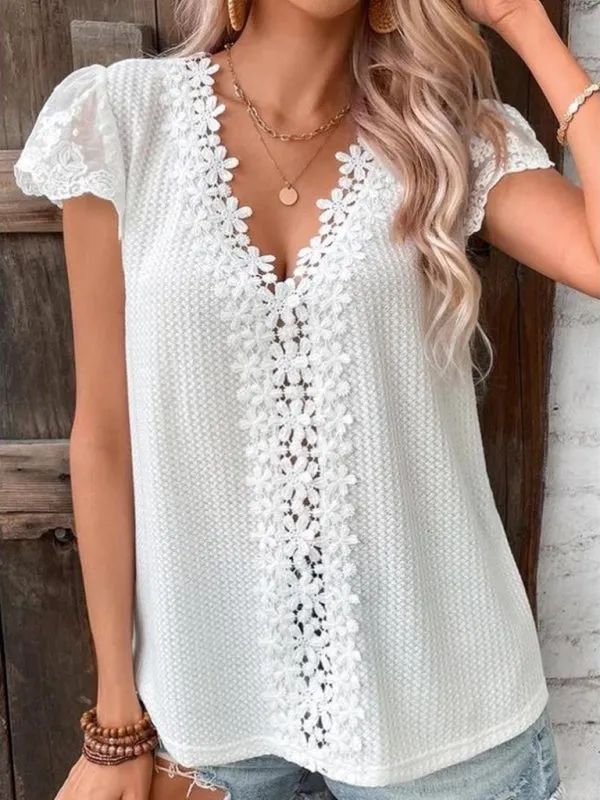 Delaney Lace Waffle Solid Color V-Neck Short-Sleeved Casual T-Shirt