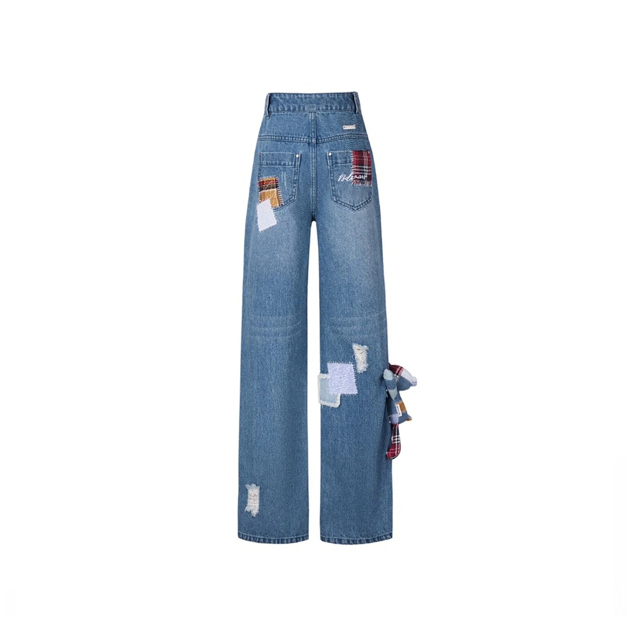 Denim Bear Plaid Patch Jeans in Blue