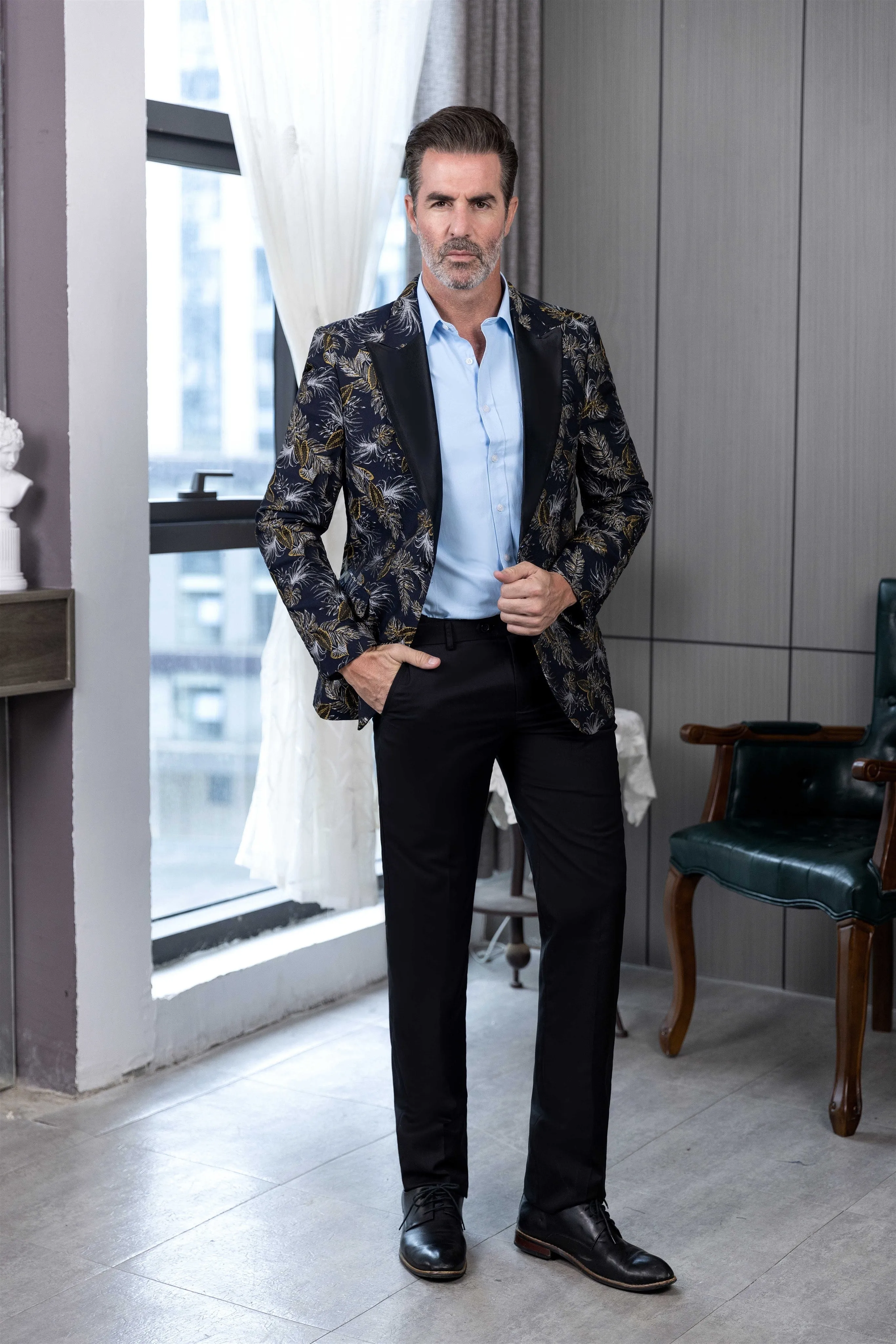 Fashion 2 Pieces Mens Patterned Suit Flat Peak Lapel Tuxedos（Blazer Pants）