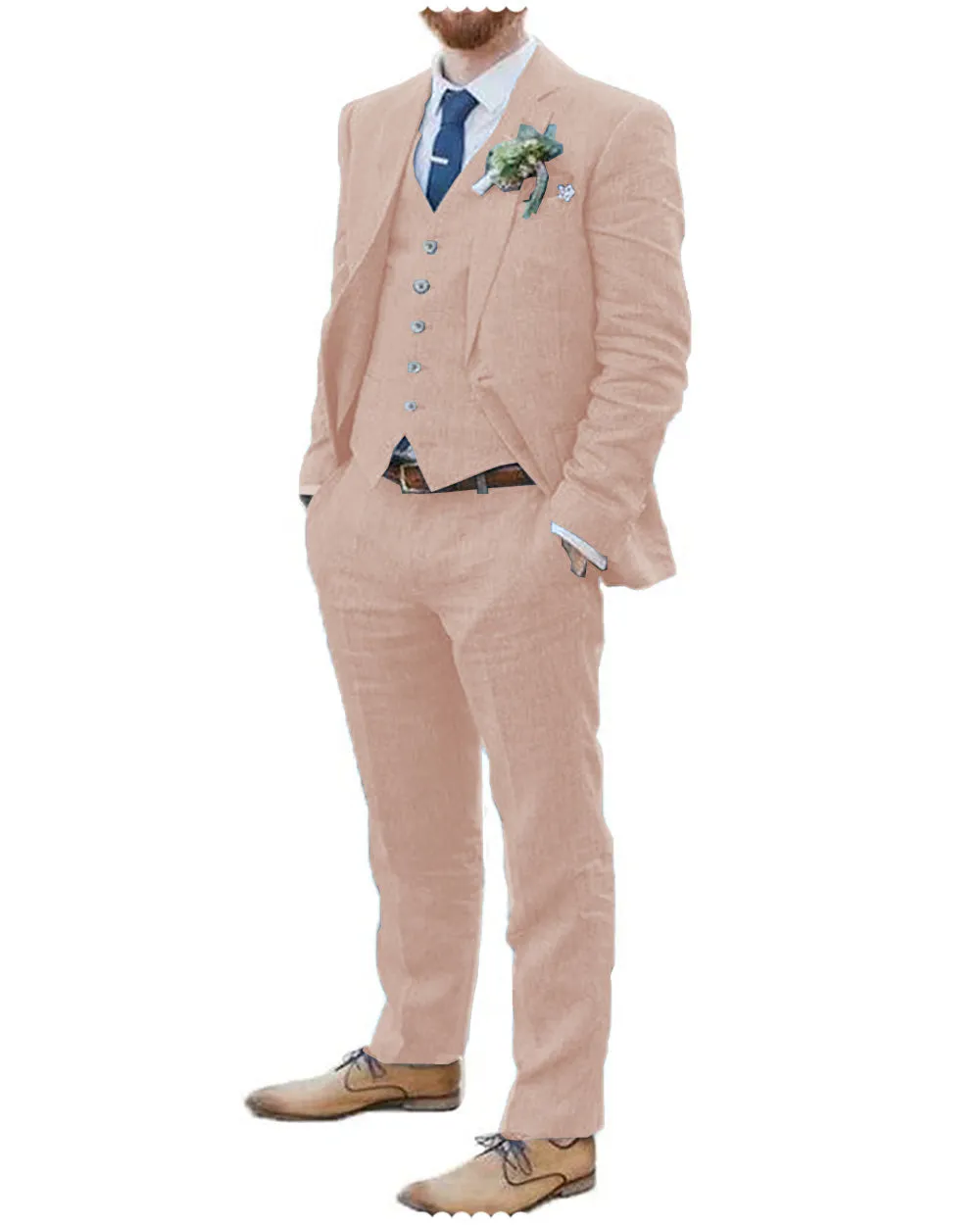 Fashion 3 Piece Men's Suit Flat Linen Notch Lapel (Blazer Vest Pants)