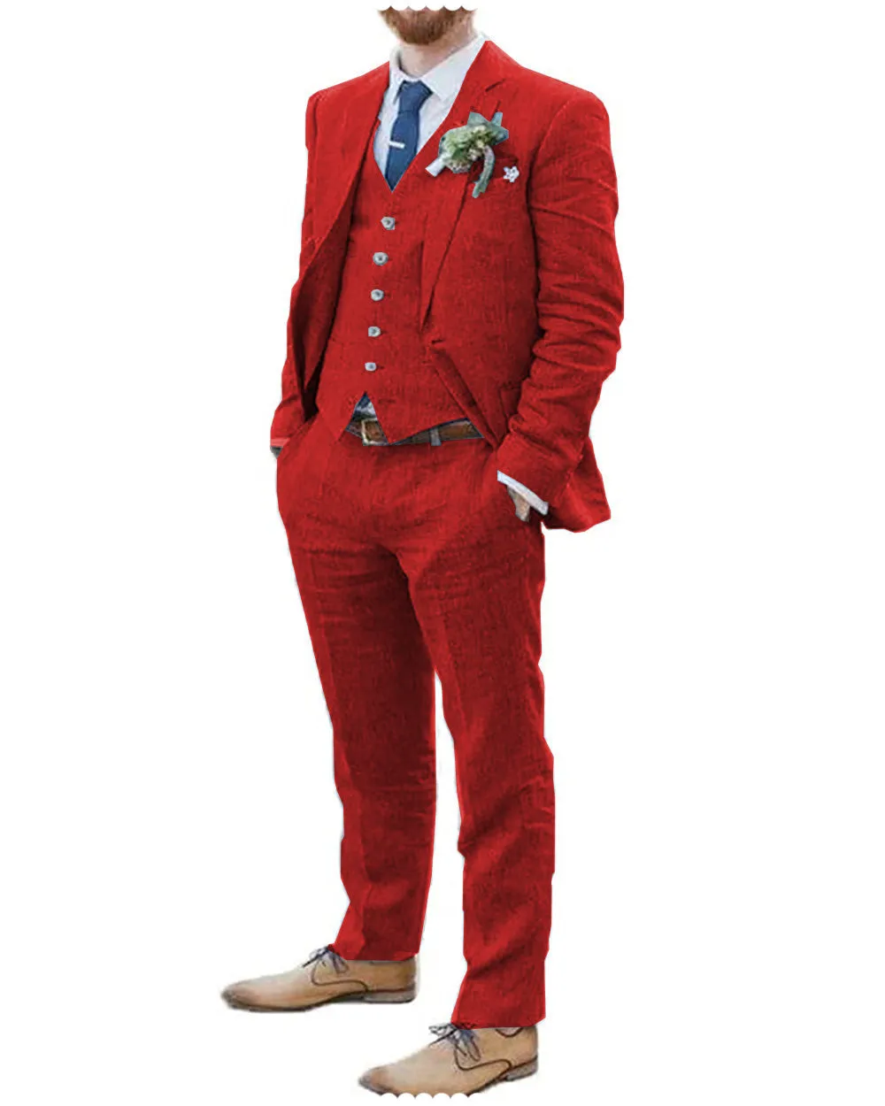 Fashion 3 Piece Men's Suit Flat Linen Notch Lapel (Blazer Vest Pants)