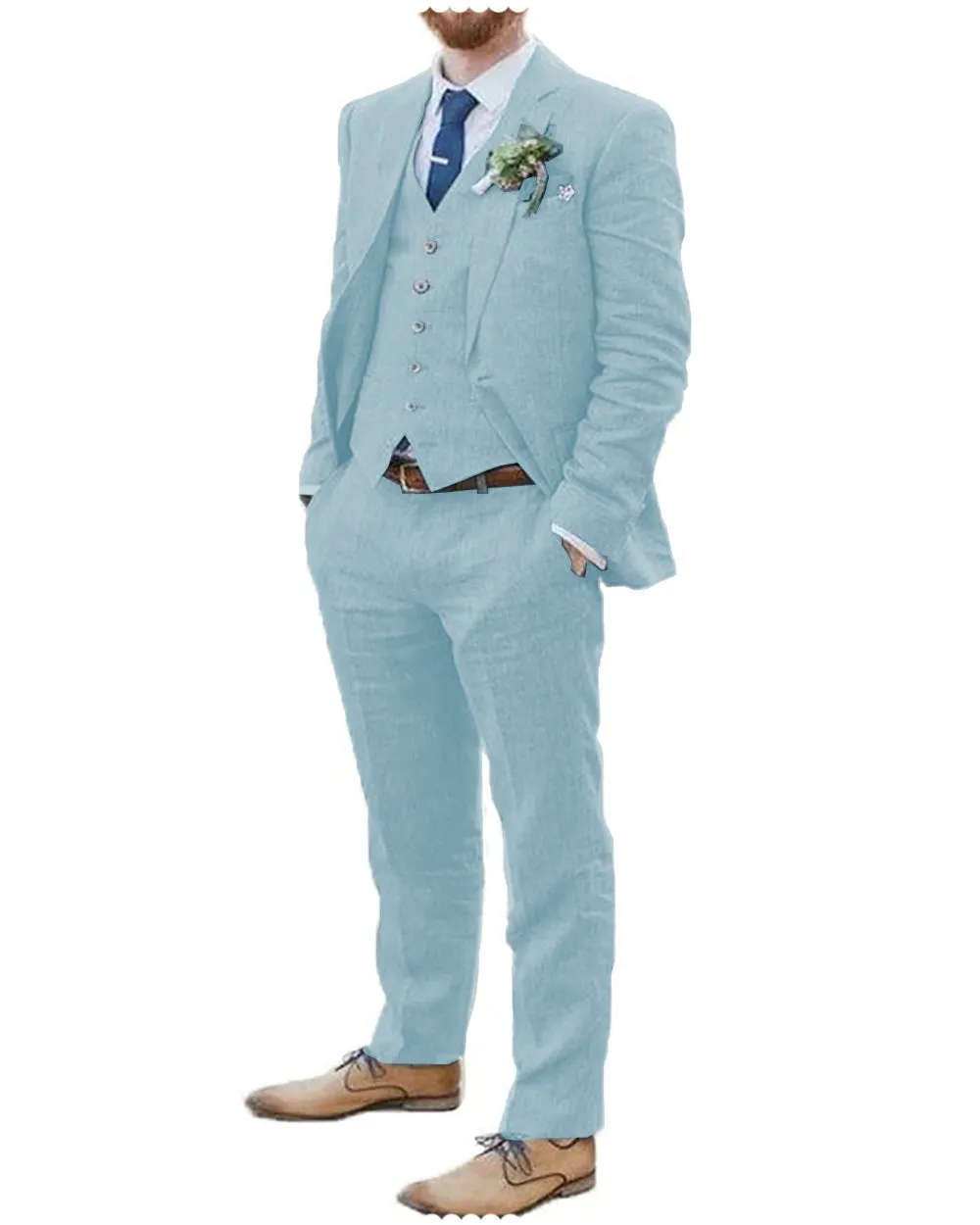Fashion 3 Piece Men's Suit Flat Linen Notch Lapel (Blazer Vest Pants)
