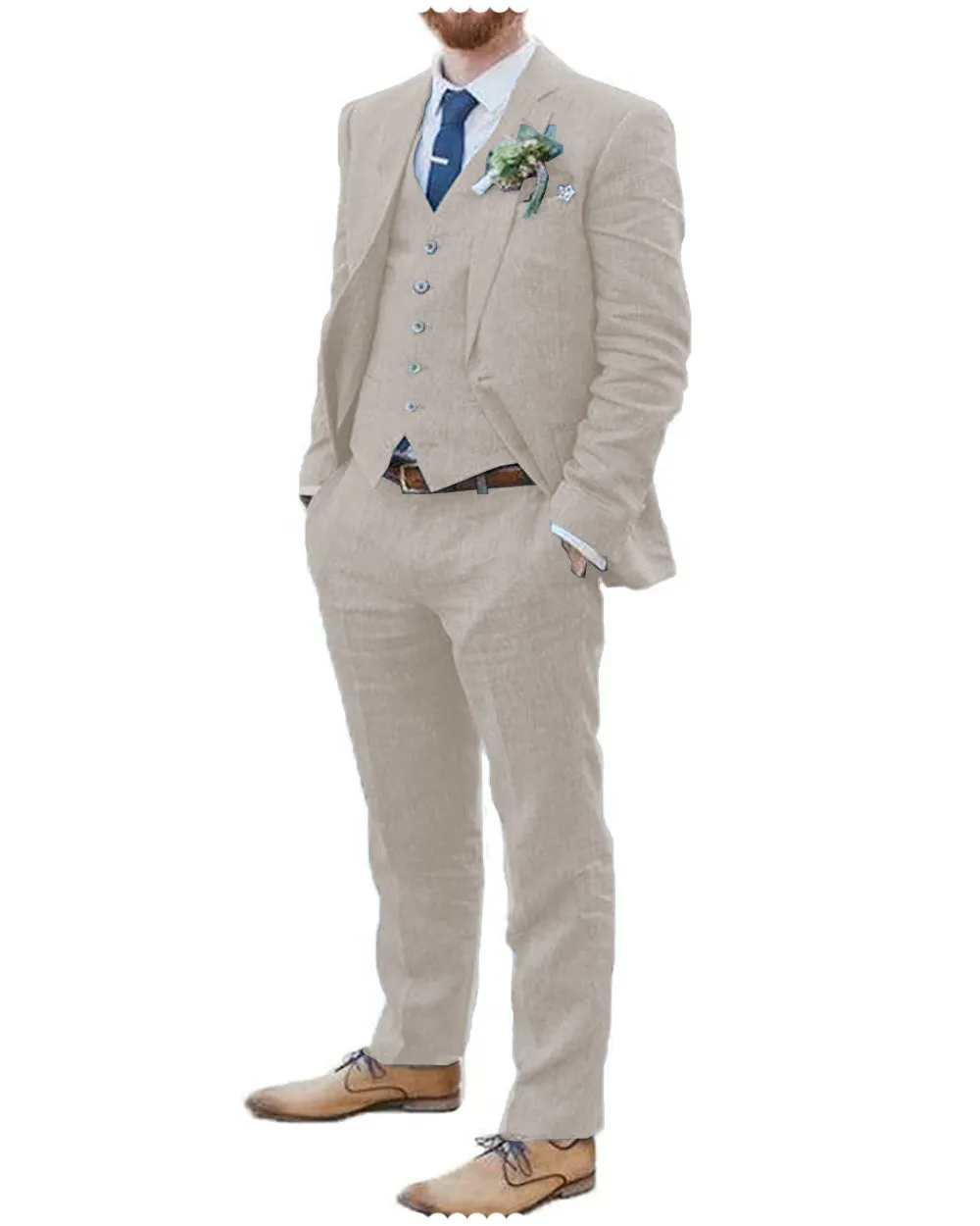 Fashion 3 Piece Men's Suit Flat Linen Notch Lapel (Blazer Vest Pants)