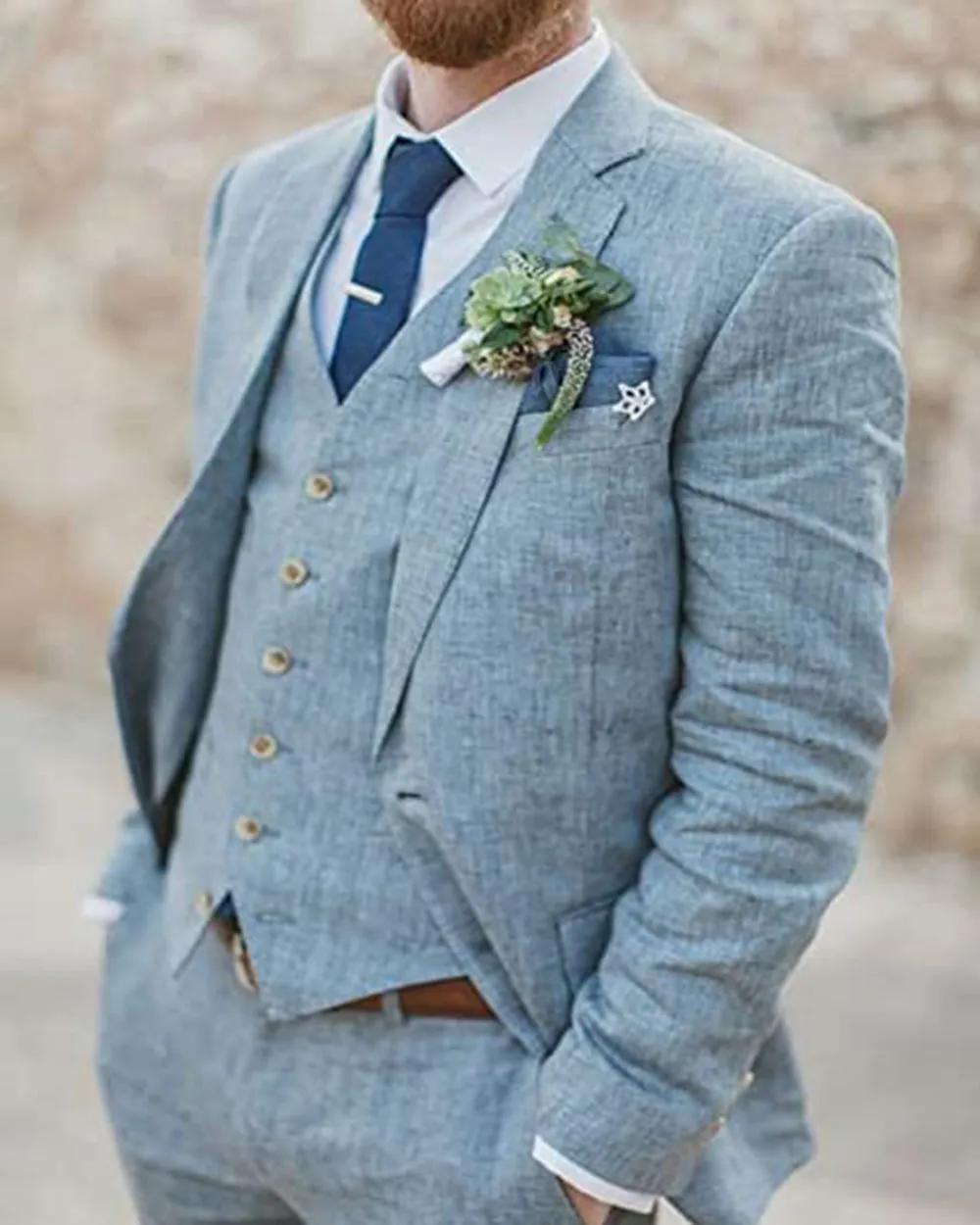 Fashion 3 Piece Men's Suit Flat Linen Notch Lapel (Blazer Vest Pants)