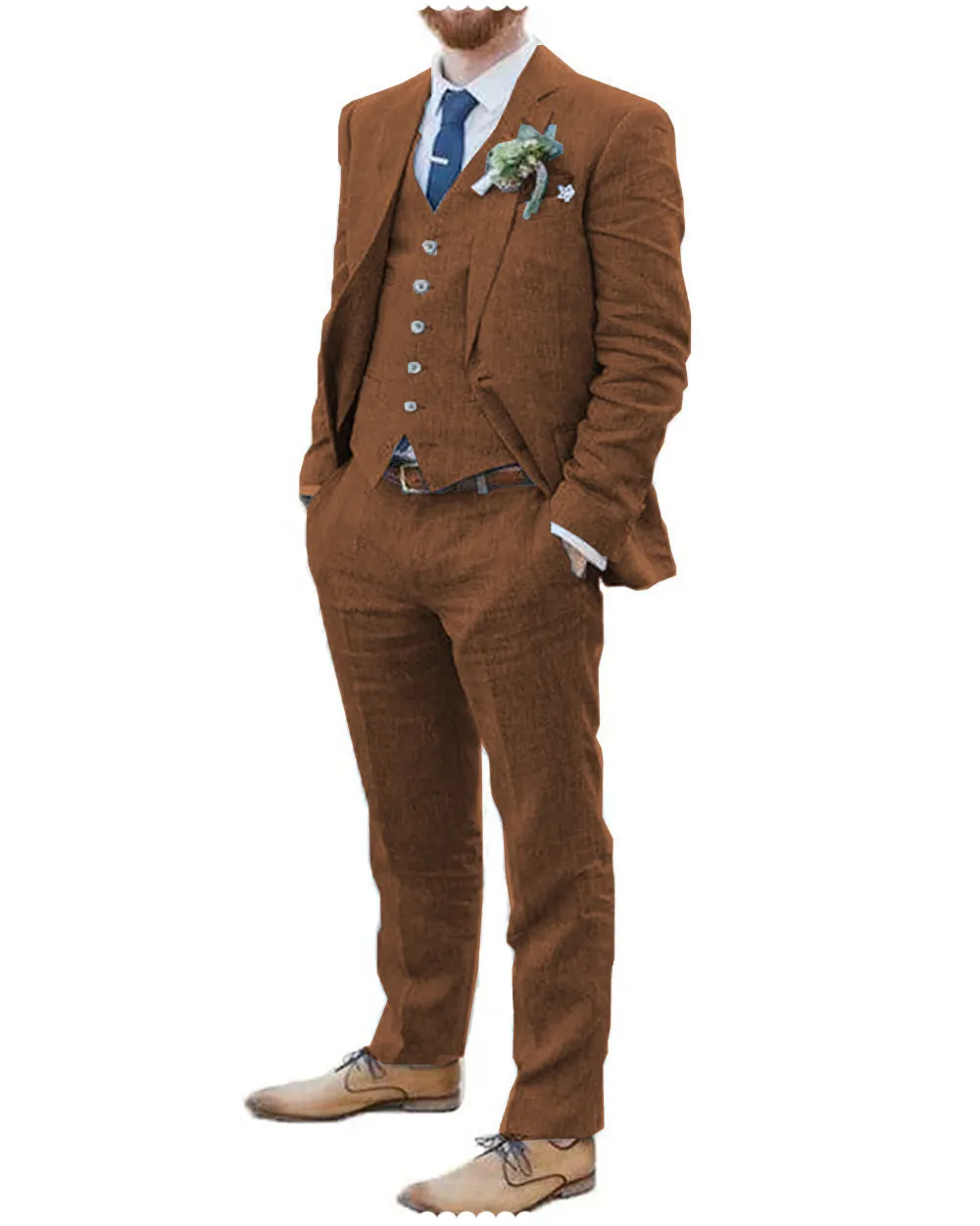 Fashion 3 Piece Men's Suit Flat Linen Notch Lapel (Blazer Vest Pants)