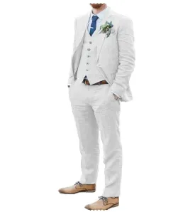 Fashion 3 Piece Men's Suit Flat Linen Notch Lapel (Blazer Vest Pants)