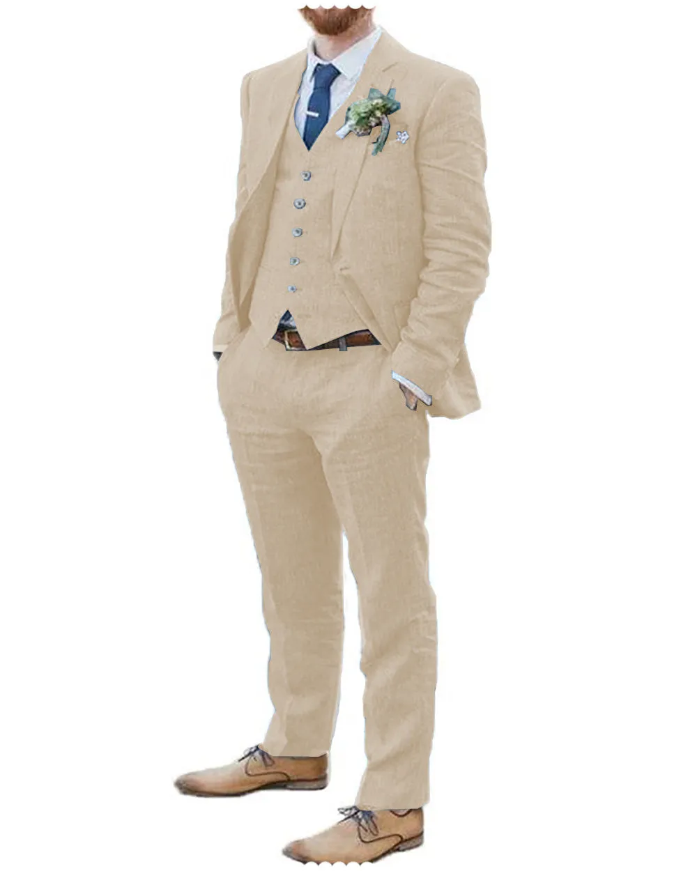 Fashion 3 Piece Men's Suit Flat Linen Notch Lapel (Blazer Vest Pants)