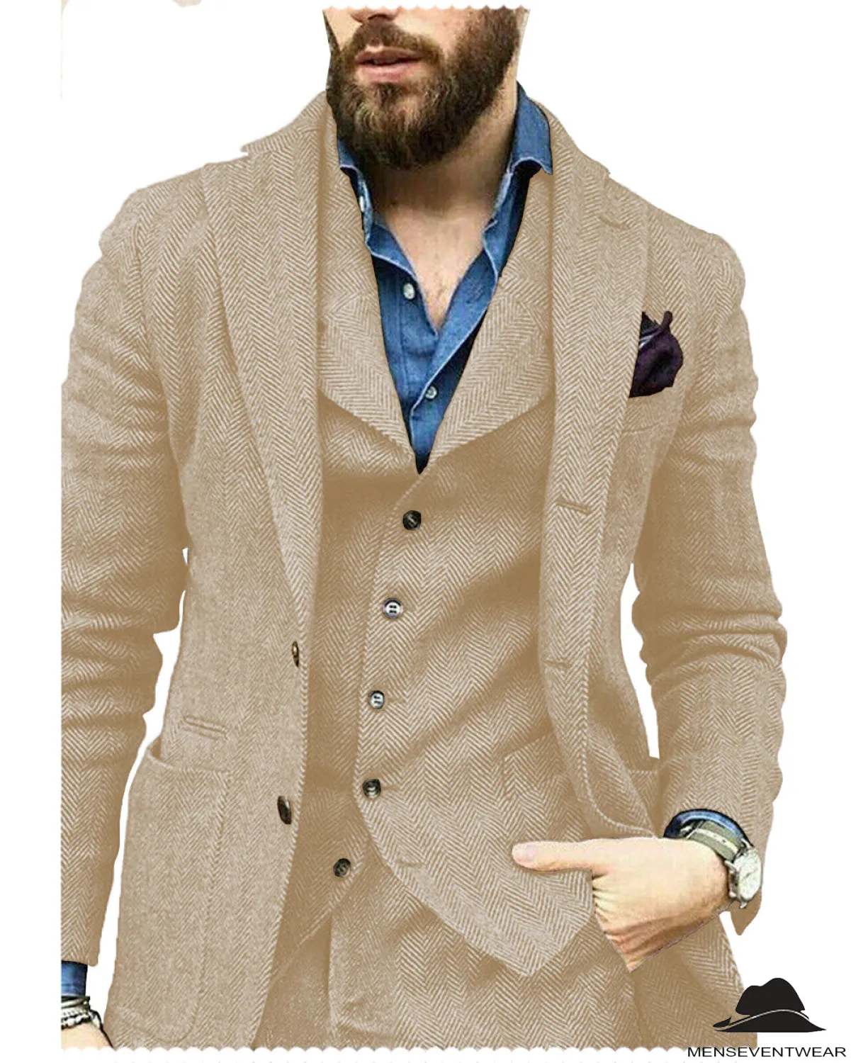 Fashion 3 Pieces Mens Suit Herringbone Notch Lapel For Wedding (Blazer vest Pants)