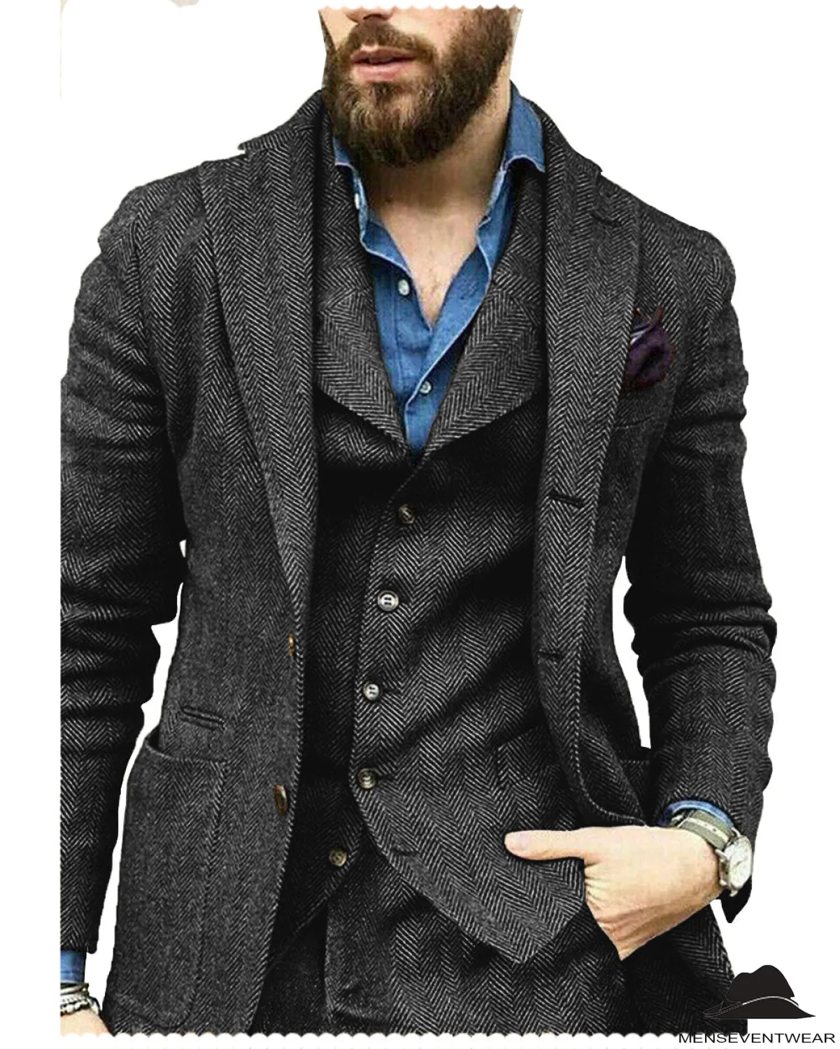 Fashion 3 Pieces Mens Suit Herringbone Notch Lapel For Wedding (Blazer vest Pants)