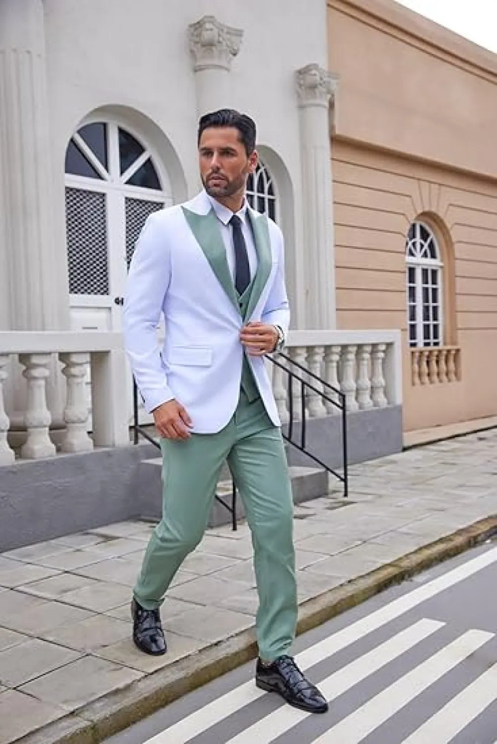 Fashion Men's Suits Slim Fit 3 Pieces Peak Lapel Tuxedos (White Blazer Vest  Pant)