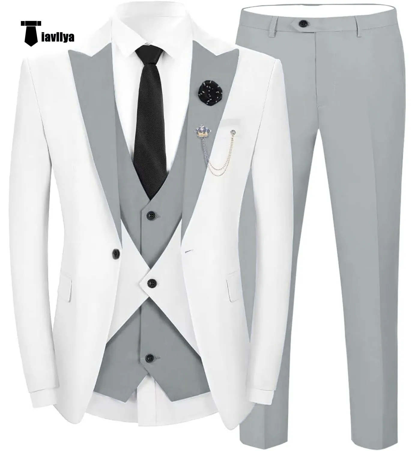Fashion Men's Suits Slim Fit 3 Pieces Peak Lapel Tuxedos (White Blazer Vest  Pant)