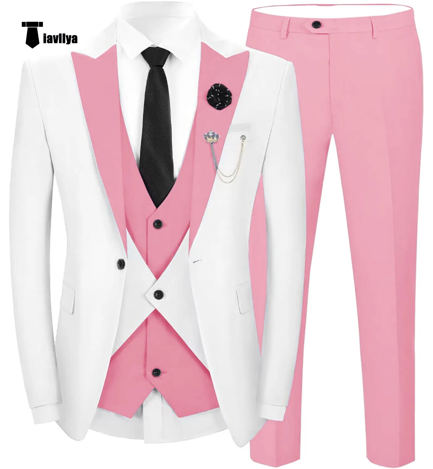 Fashion Men's Suits Slim Fit 3 Pieces Peak Lapel Tuxedos (White Blazer Vest  Pant)
