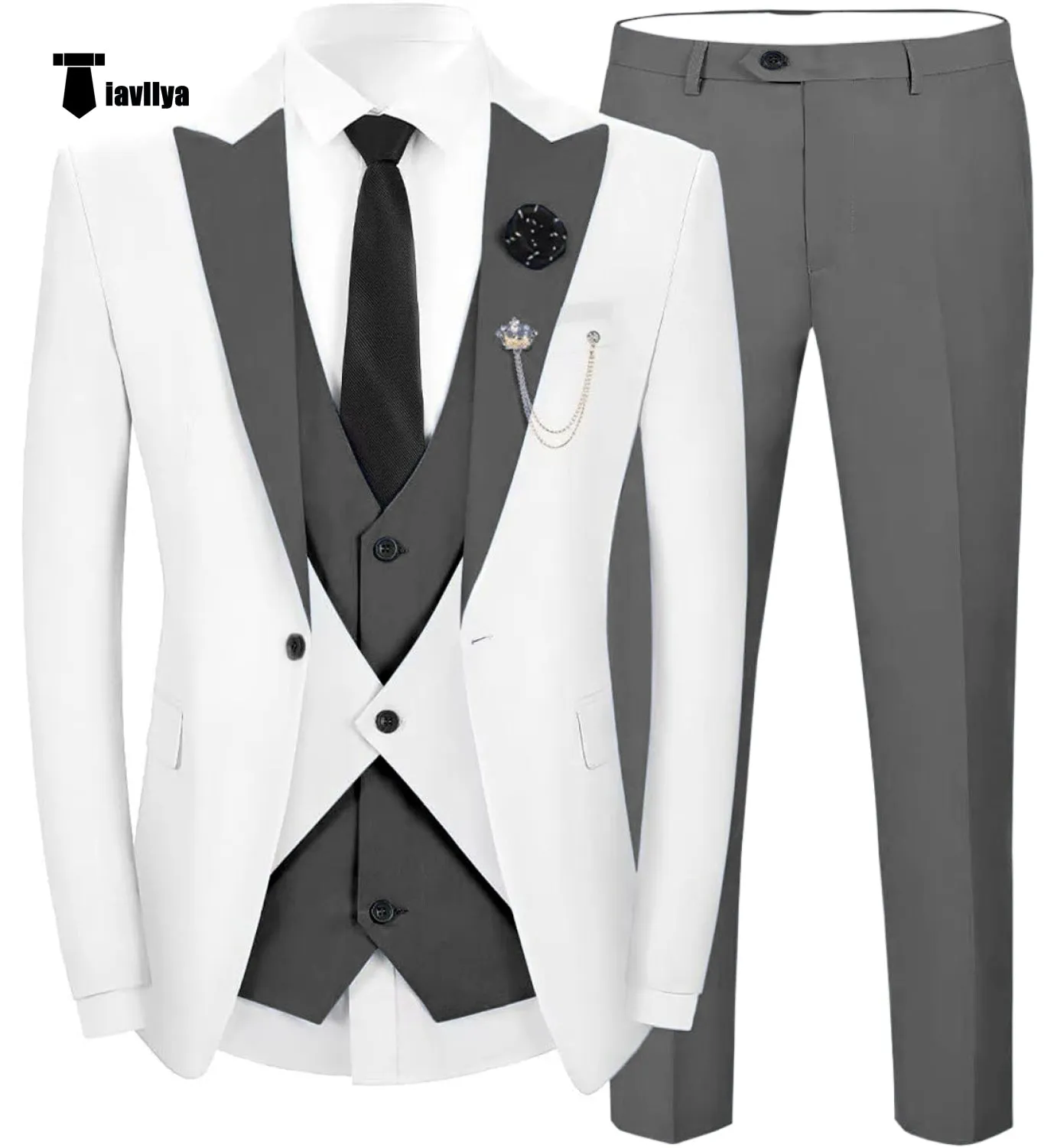 Fashion Men's Suits Slim Fit 3 Pieces Peak Lapel Tuxedos (White Blazer Vest  Pant)