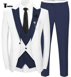 Fashion Men's Suits Slim Fit 3 Pieces Peak Lapel Tuxedos (White Blazer Vest  Pant)