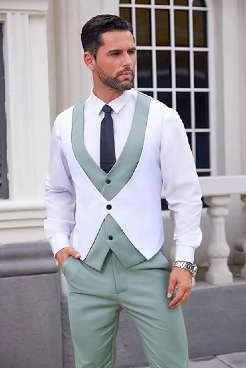 Fashion Men's Suits Slim Fit 3 Pieces Peak Lapel Tuxedos (White Blazer Vest  Pant)