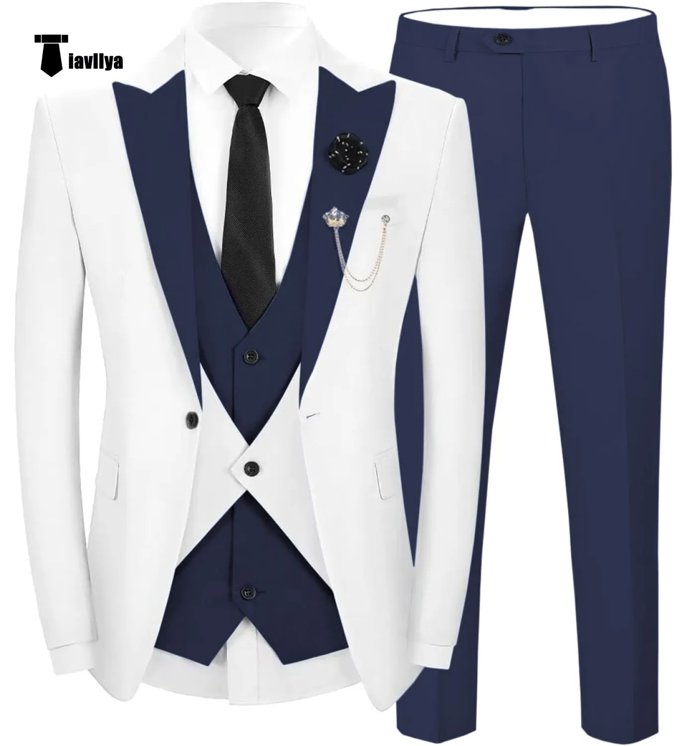 Fashion Men's Suits Slim Fit 3 Pieces Peak Lapel Tuxedos (White Blazer Vest  Pant)