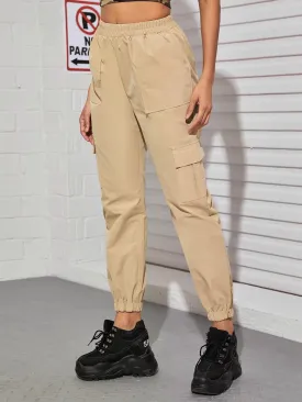 Flap Pocket Side Elastic Waist Cargo Pants