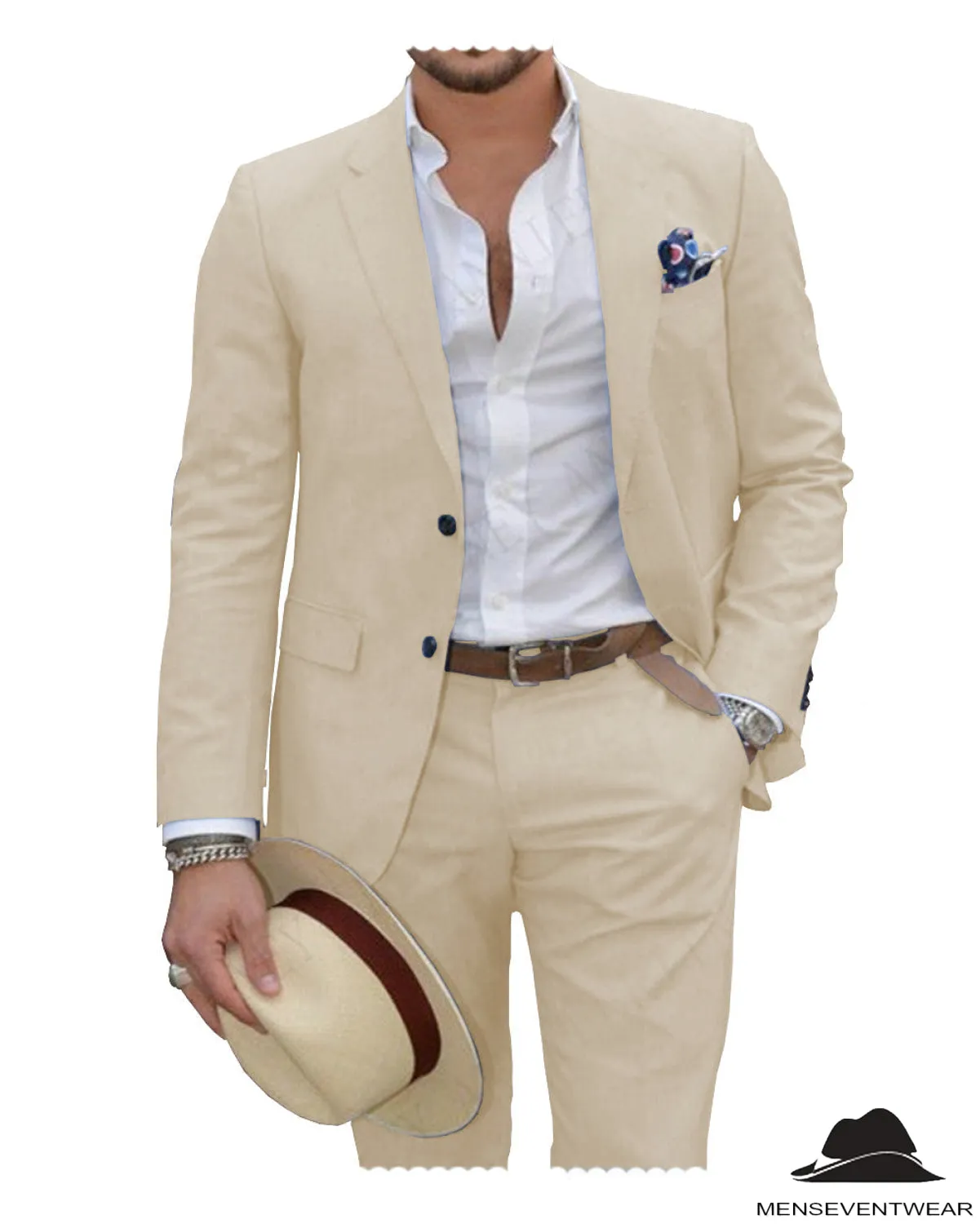 Formal 2 Pieces Mens Suit Flat Linen Notch Lapel Suit (Blazer   Pants)