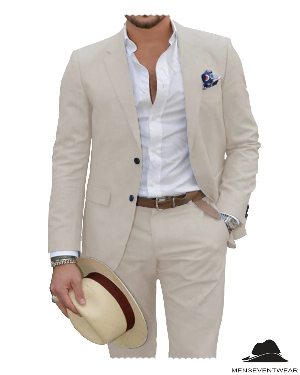Formal 2 Pieces Mens Suit Flat Linen Notch Lapel Suit (Blazer   Pants)