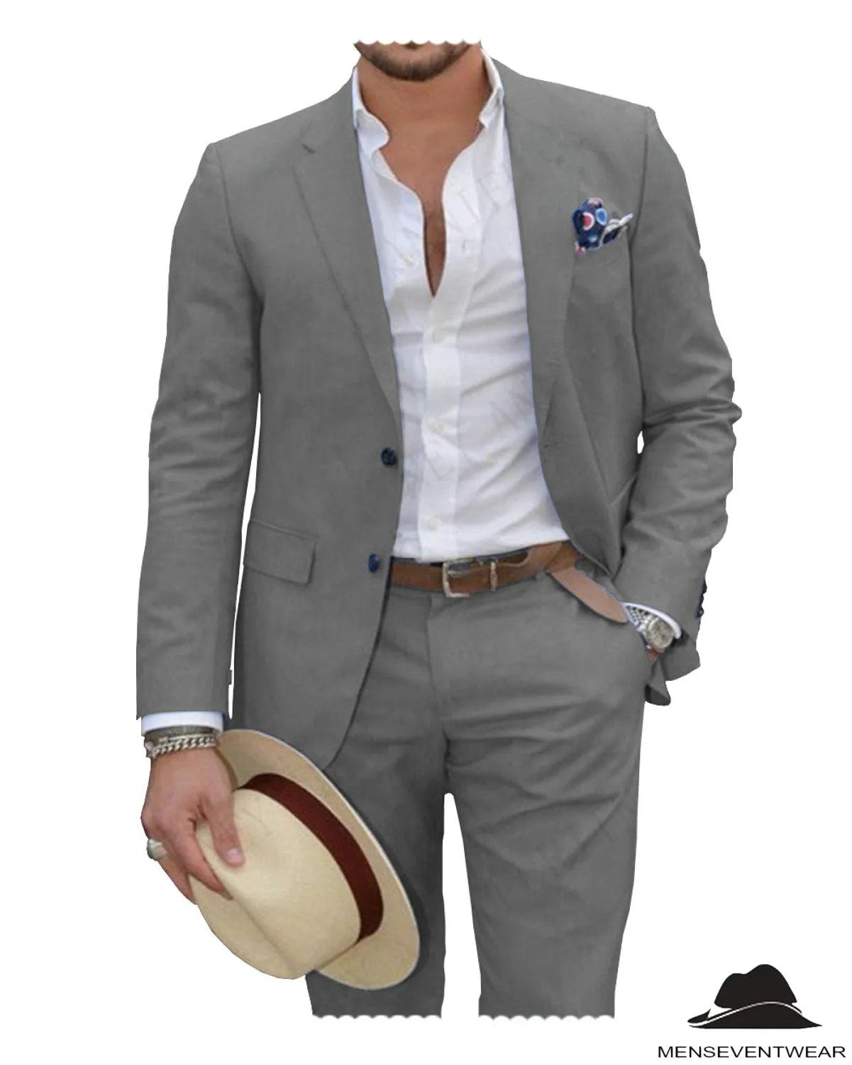 Formal 2 Pieces Mens Suit Flat Linen Notch Lapel Suit (Blazer   Pants)