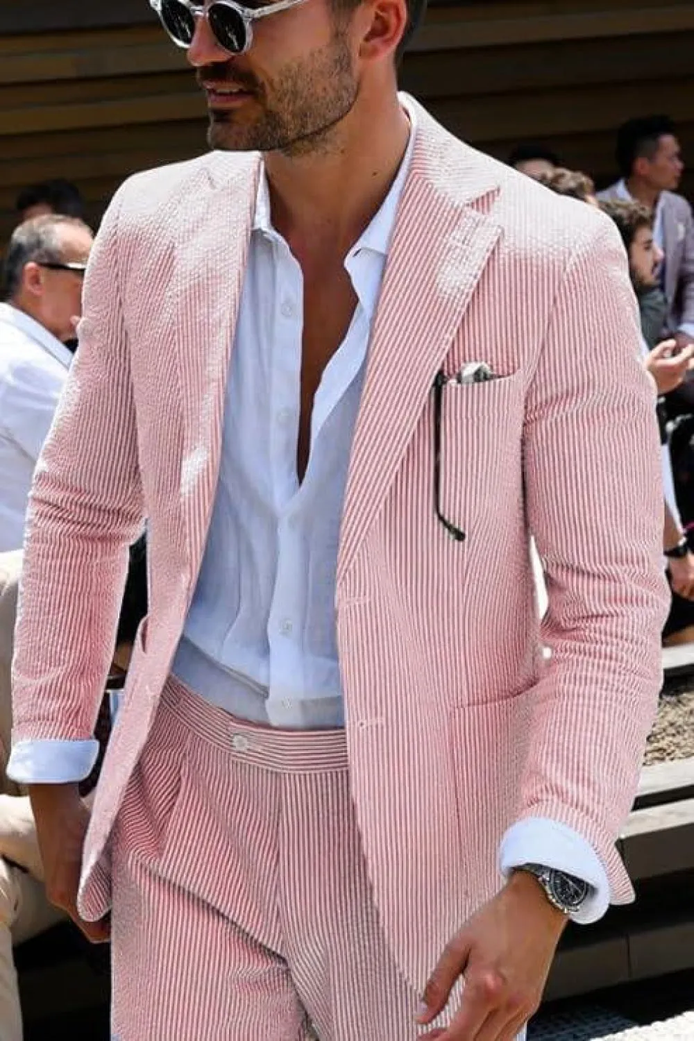 Formal Men's 2 Pieces Striped Seersucker Notch Lapel Tuxedos (Blazer Pants)