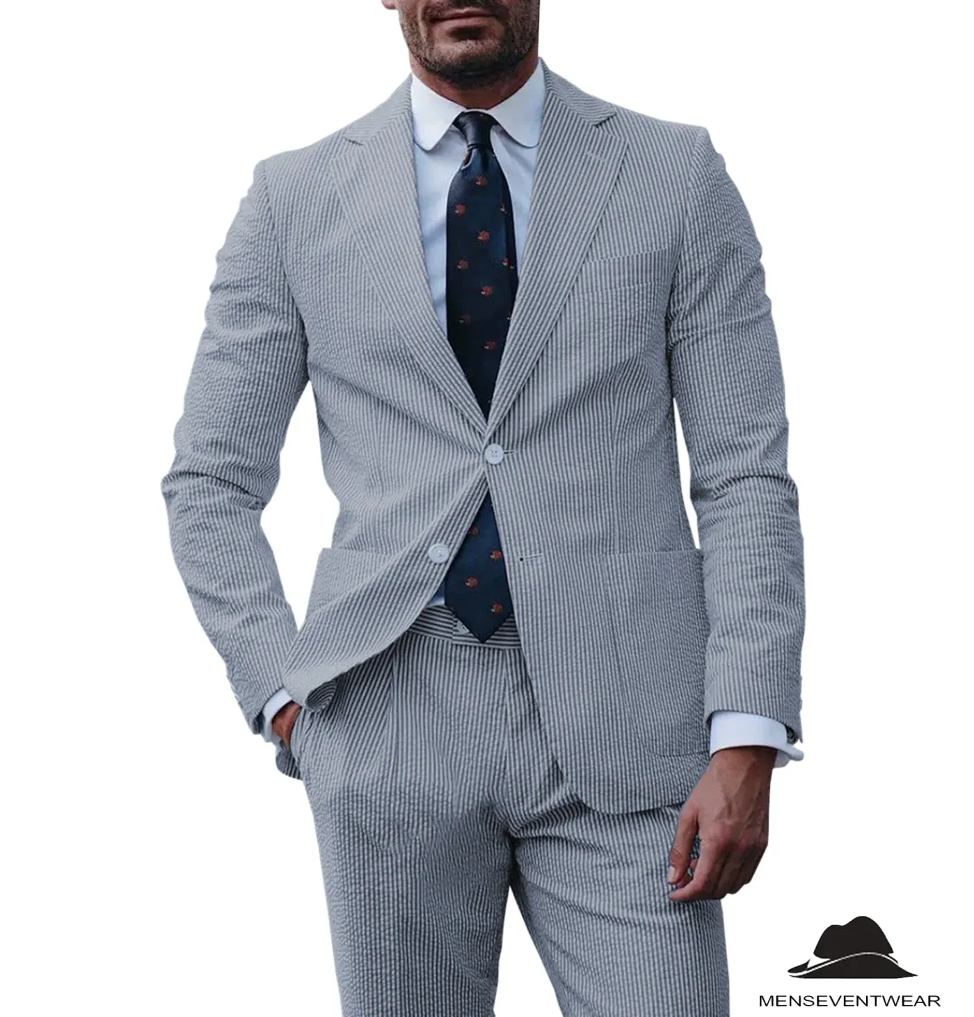 Formal Men's 2 Pieces Striped Seersucker Notch Lapel Tuxedos (Blazer Pants)