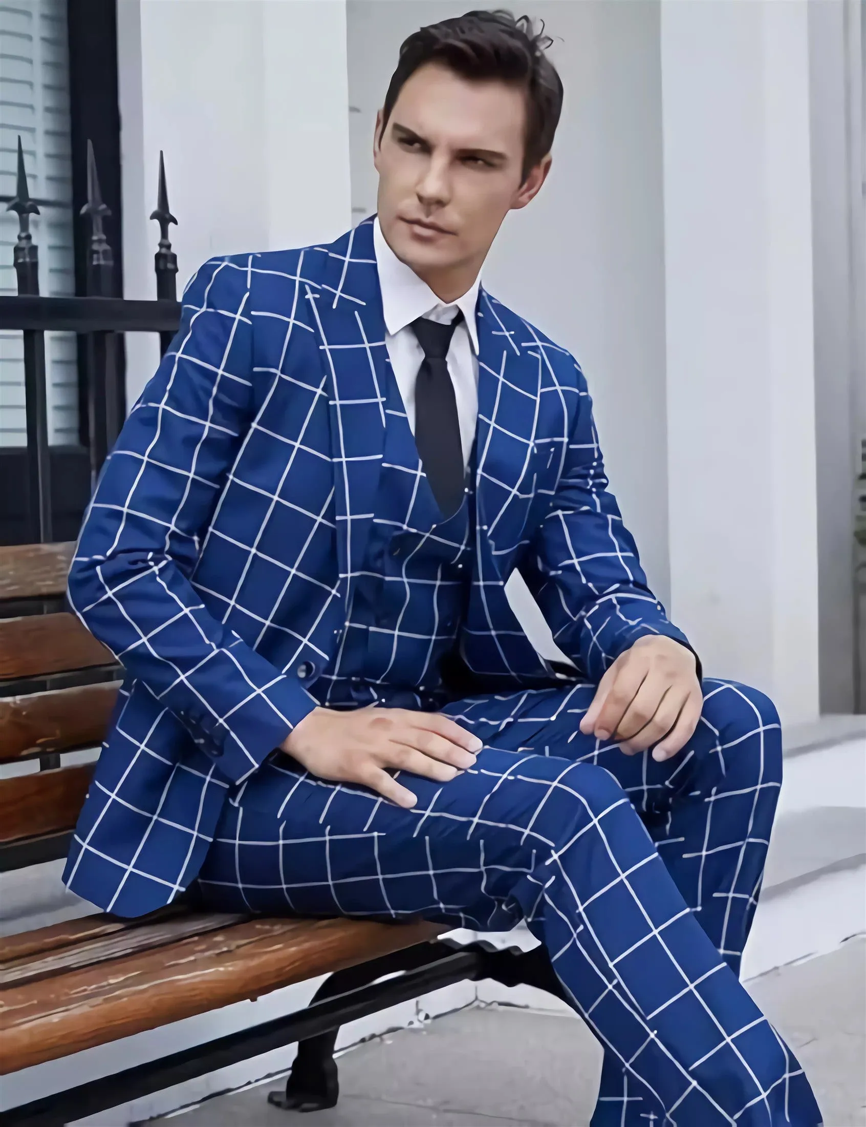 Formal Mens Suit 3 Pieces Business Plaid Solid Peak Lapel Tuxedos (Blazer Vest Pants)