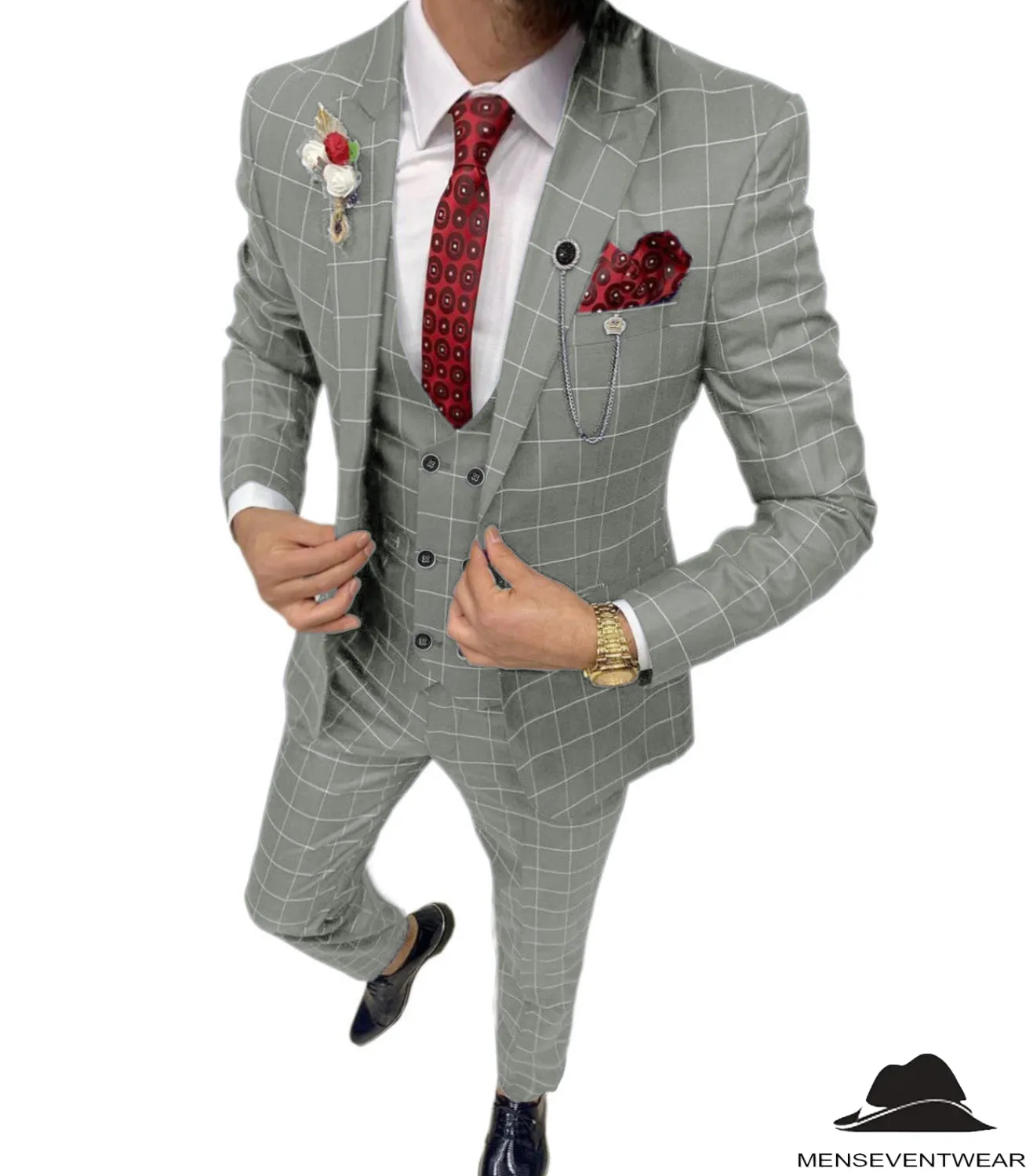 Formal Mens Suit 3 Pieces Business Plaid Solid Peak Lapel Tuxedos (Blazer Vest Pants)
