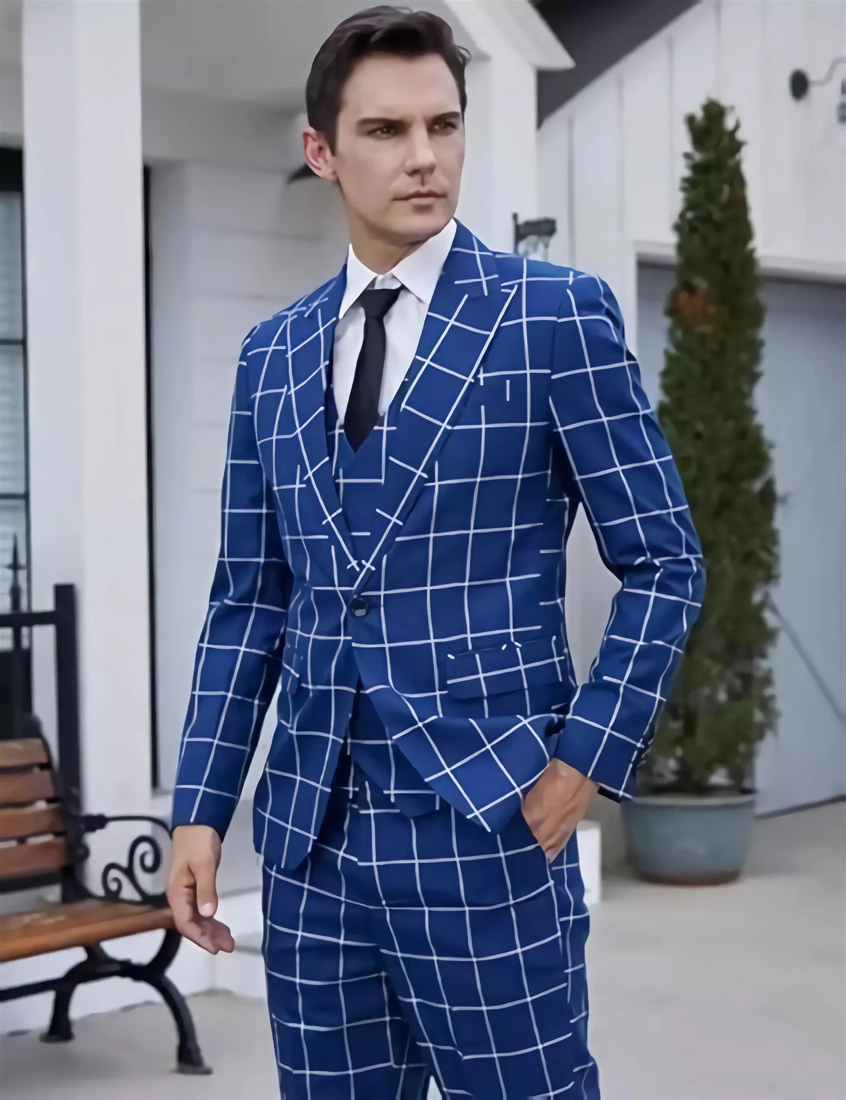 Formal Mens Suit 3 Pieces Business Plaid Solid Peak Lapel Tuxedos (Blazer Vest Pants)
