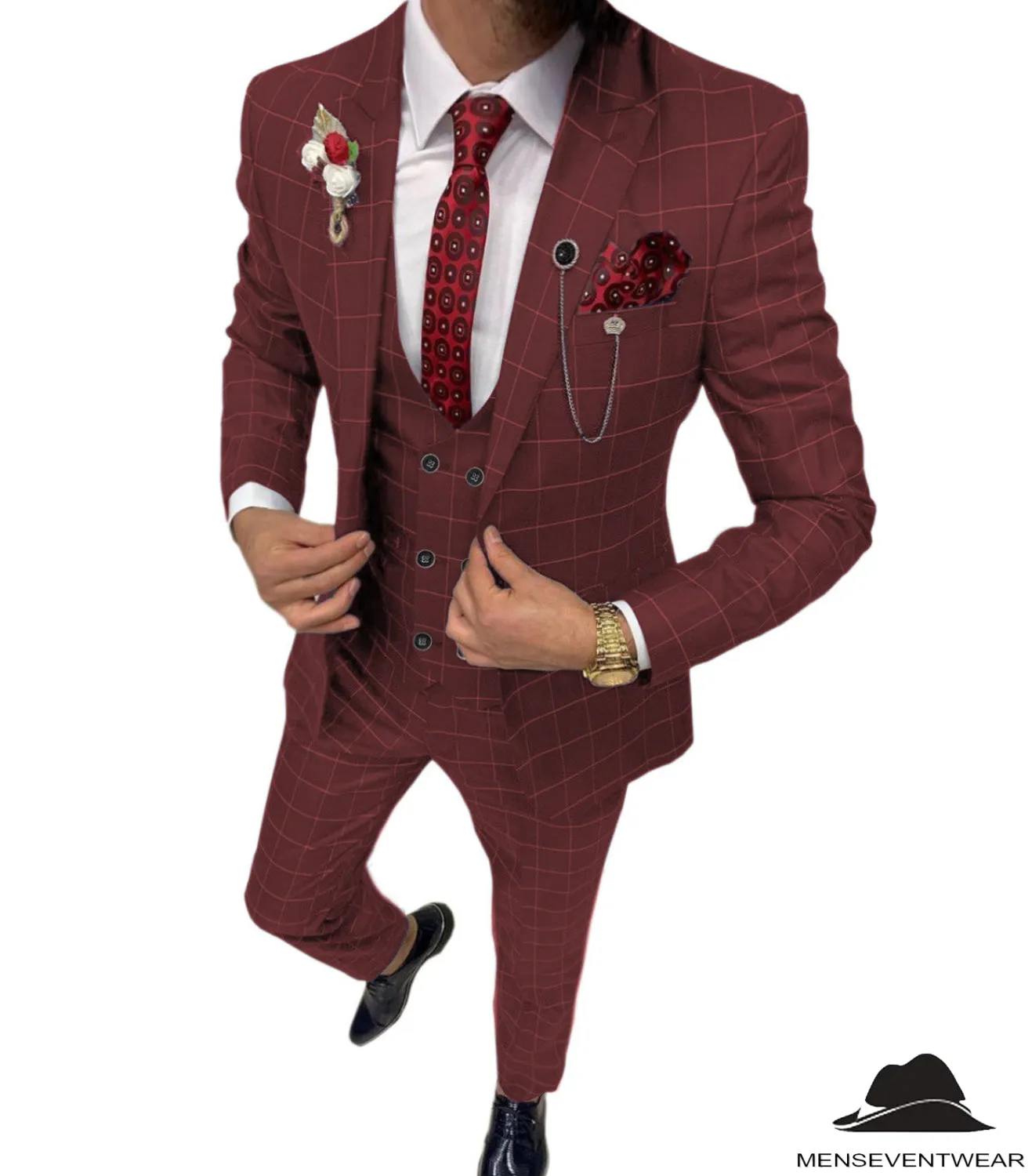 Formal Mens Suit 3 Pieces Business Plaid Solid Peak Lapel Tuxedos (Blazer Vest Pants)