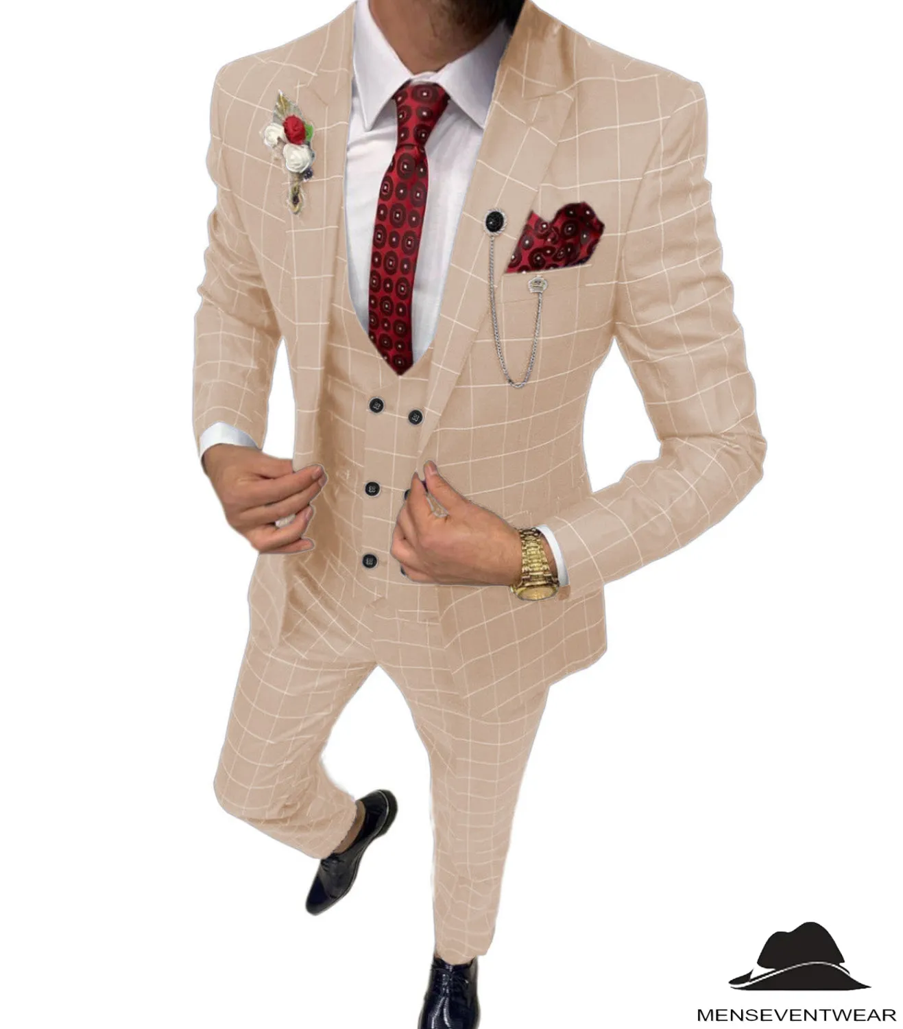 Formal Mens Suit 3 Pieces Business Plaid Solid Peak Lapel Tuxedos (Blazer Vest Pants)